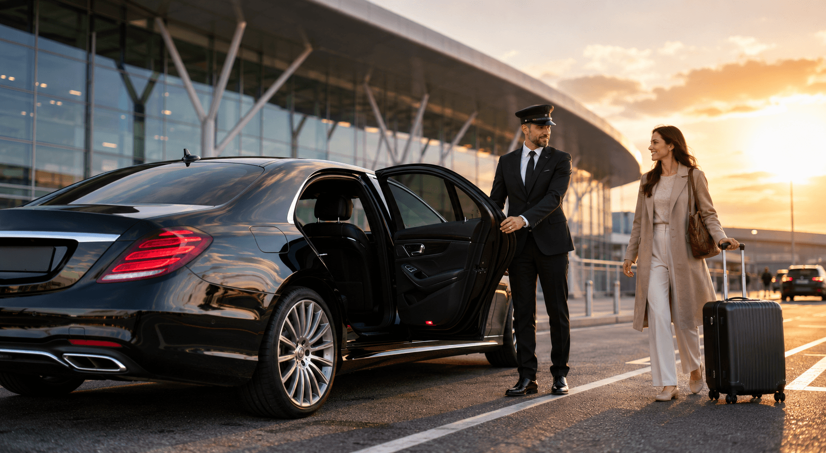 Chauffeur opening a luxury car door for a passenger at the airport