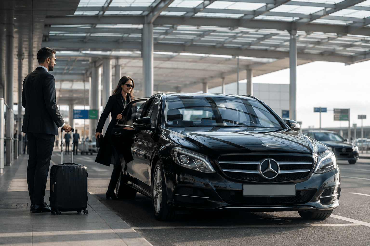 Chauffeur assisting a passenger with a luxury vehicle at the airport